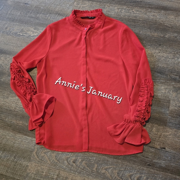 ZARA Women's Pre-owned Ruffles Collar Blouse(Red, US M / EUR M) - Picture 5 of 10